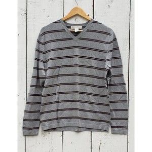 BANANA REPUBLIC V-Neck Men Size M Grey and Burgundy Striped Sweater